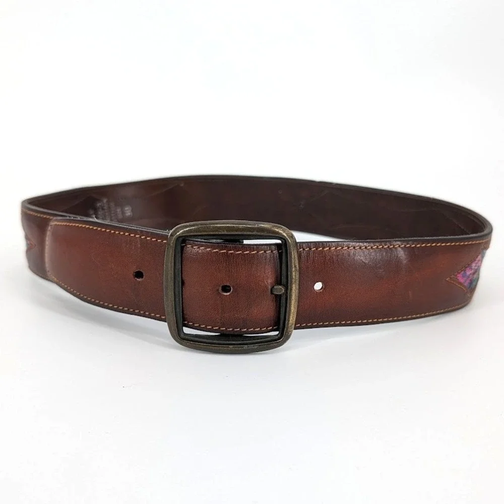 Vintage Leather Belt Lattigo Geometric Colorful Embroidered Inlay Brass 30